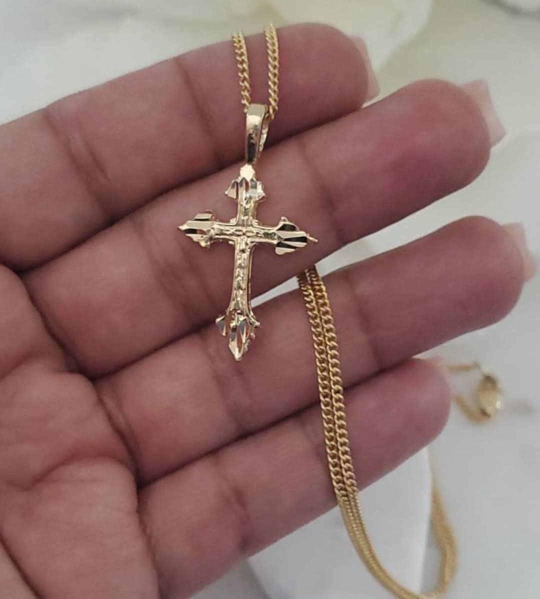 Small Gold Cross Necklace, Diamond Cut Cross Pendant, 1mm Curb Chain ...