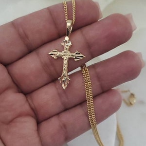14k Gold Plated Cross Necklace: Diamond Cut Pendant, Curb Chain