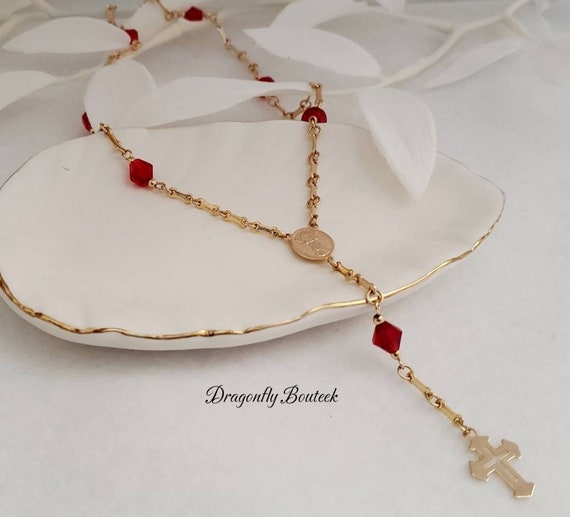 Gold Rosary Necklace Gold \u0026 Red Beads 