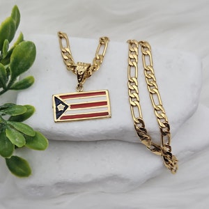 Gouden ketting met Puerto Ricaanse vlag: 14k vergulde Figaro-ketting
