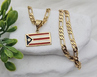 Gold Puerto Rican Flag Necklace: 14k Plated Figaro Chain
