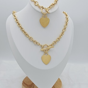 Gold Toggle Necklace: 14k Plated Chain with Heart Tag