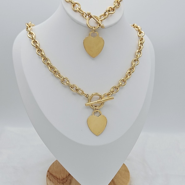 Gold Toggle Necklace: 14k Plated Chain with Heart Tag, Lifetime Replacement Guarantee