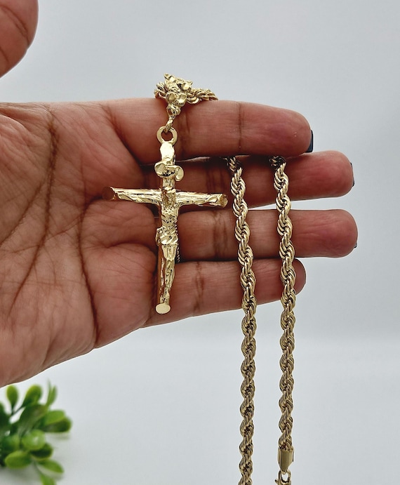 Large Gold Crucifix Necklace: Men's 5mm French Rope Chain, Nugget