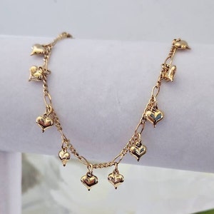 14k Gold Plated Heart Charm Bracelet: Figaro Chain Anklet or Choker