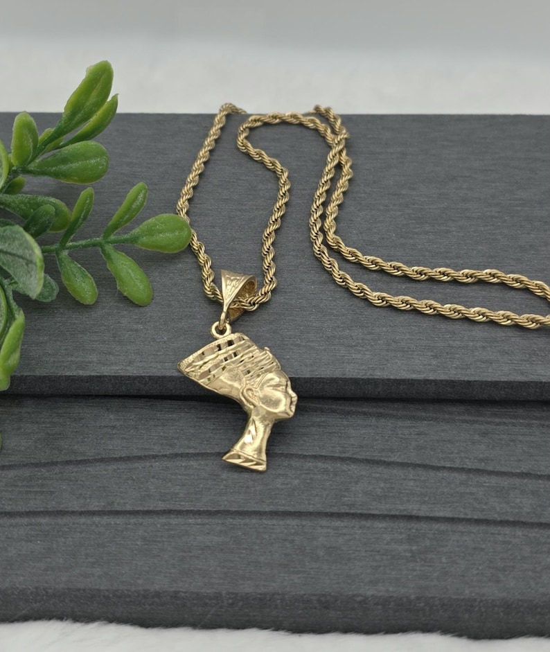 Gold Nefertiti Pendant Necklace: 14k Heavy Plated, 3mm French Rope Chain, Lifetime Replacement Guarantee image 3