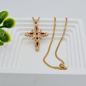 Gold Garnet CZ Cross Necklace: 14k Plated Curb Chain