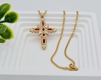 Collar con cruz de circonita cúbica y granate dorado: cadena de eslabones chapada en oro de 14 k