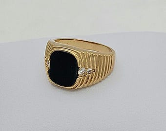 Gold Black Onyx Ring for Men: Square CZ Accent
