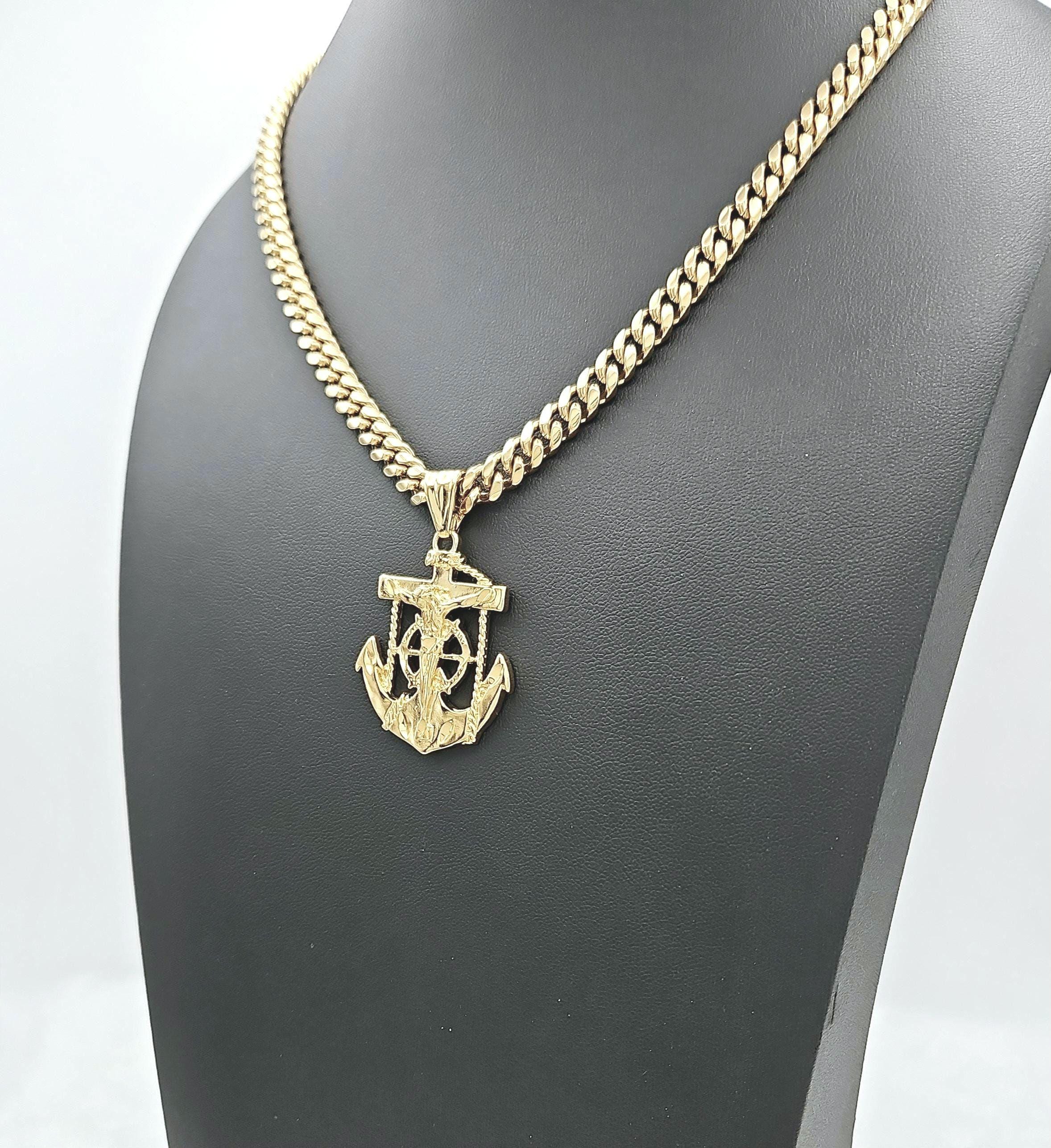 【STING925】Jesus Piece Pendant Anchor chain 4mm 55cm Gold Plated Cz Retro Gym Red Pendant | BlingKingStar | Free
