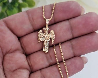 Collar de ángel de la guarda de oro: chapado en oro de 14 k, corte de diamante, cadena de caja de 1 mm