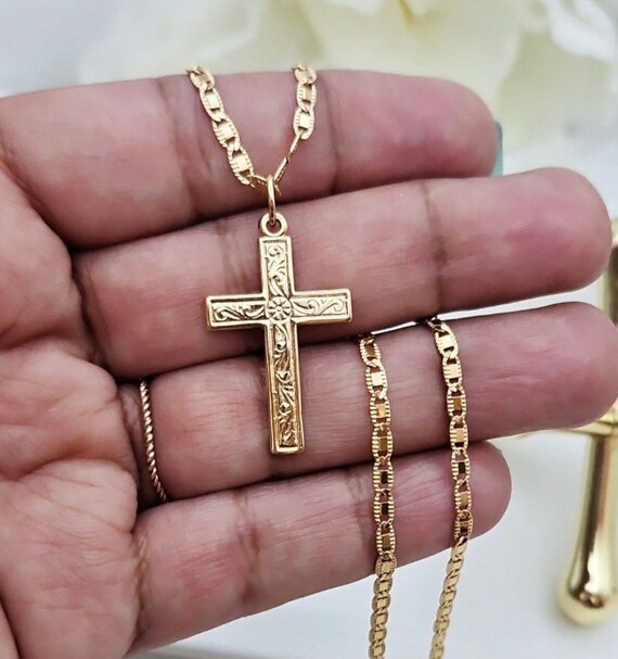 Gold Floral Cross Necklace Beautiful Cross Necklace 2mm Valentino Chain 14k Heavy Plated Gold Medium High Quality Necklace for Women Etsy