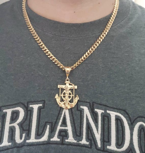 Gold Anchor Necklace, Large Anchor Jesus Necklace, 14k Heavy