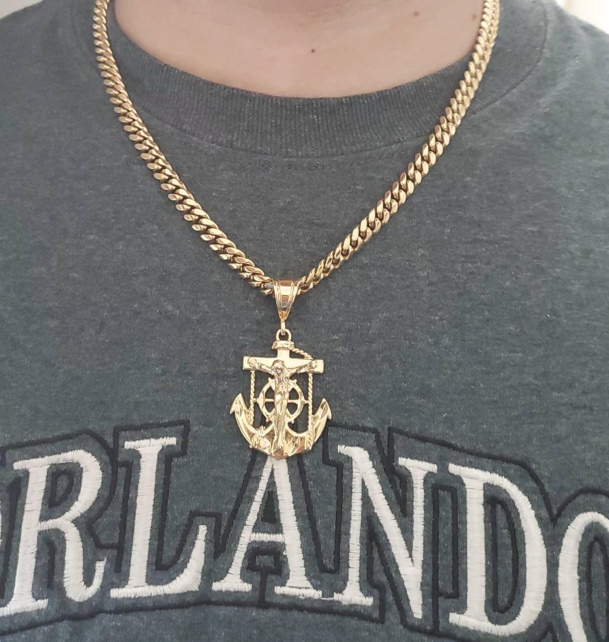 【STING925】Jesus Piece Pendant Anchor chain 3mm 60cm Men's 14k Gold Over Solid 925 Silver Jesus Crucifix & Anchor