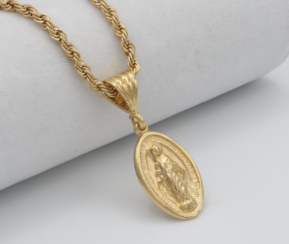 Gold Virgin Mary Necklace: 14k Plated Miraculous Medal, 4mm Rope