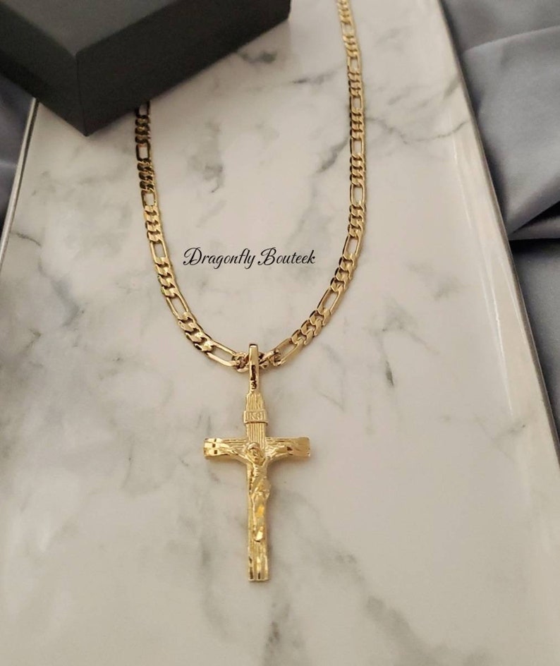 14k Gold Crucifix Necklace for Men 4mm Figaro Chain 14k Etsy
