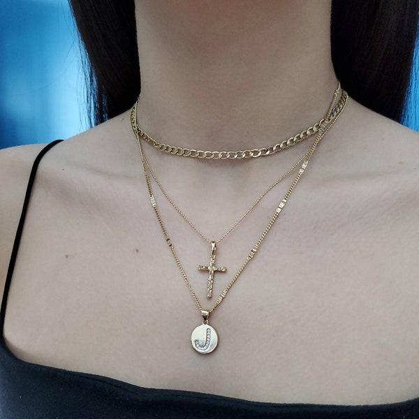 Gold Crucifix, Three Piece Chains, Gold Choker, Set of Gold Chains, 14k Heavy Plated Gold, Initial, Nugget Cross Pendant, High Quality