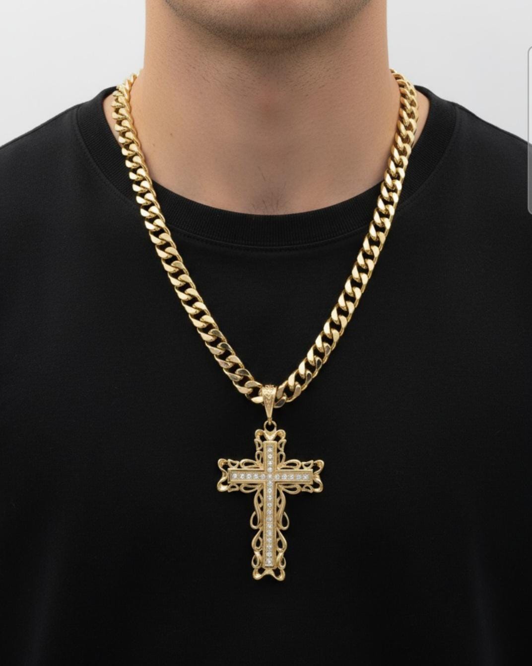 XL Gold CZ Cross Necklace, 14k Heavy Plated, 10mm Cuban Link Chain