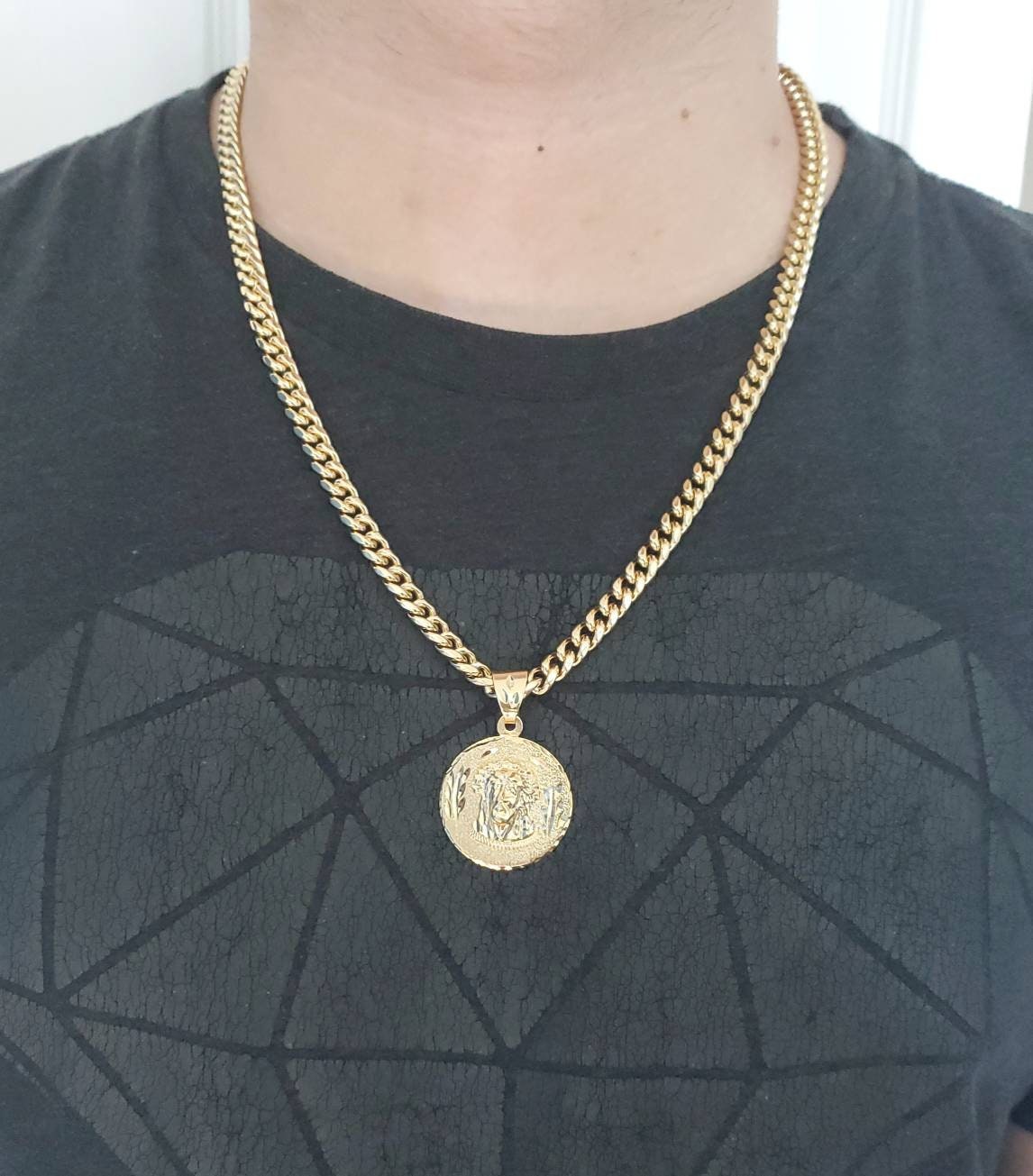 Gold Jesus Medallion Necklace - 7mm Cuban Chain, 14k Heavy Plated