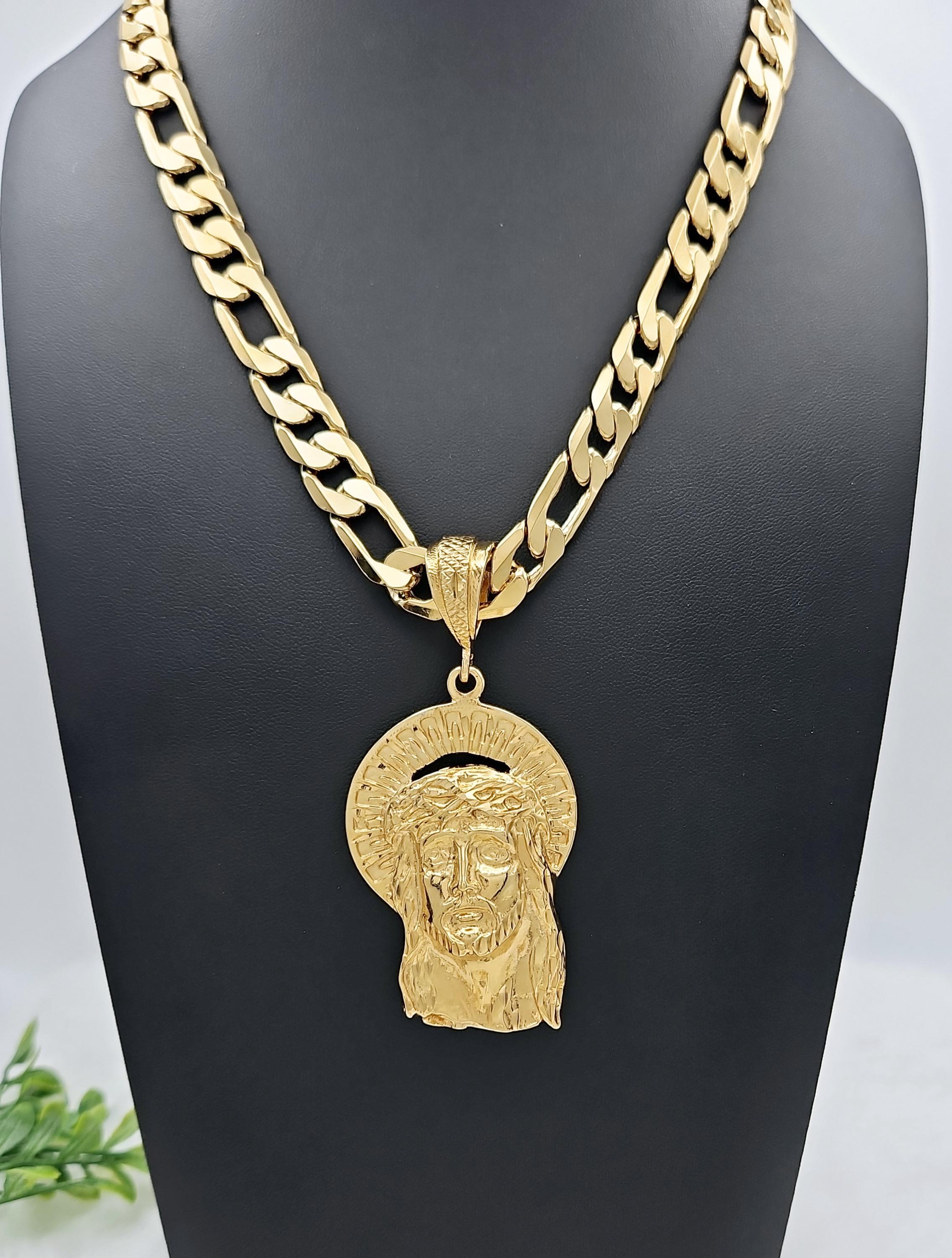 ジャンボゴールドジーザスネックレス、11mmフラットフィガロ、14K