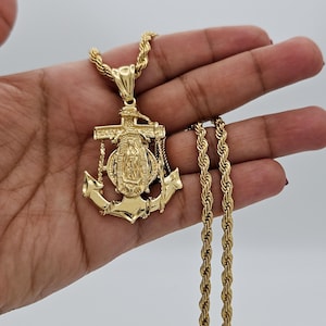 Gold Guadalupe Necklace, Gold Anchor Pendant, 5mm French Rope Chain, 14k Heavy Plated Gold, Medium Sized Necklace, Anchor Necklace for Men