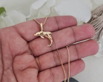 Gold Filigree Dolphin Necklace, Small Fancy Dolphin Necklace, 14k Heavy Plated Gold Necklace, High Quality Necklace, 1mm Box Style Chain