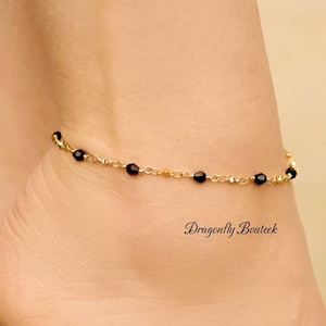 Gold Beaded Anklet: 14k Heavy Plated Gold, Black Beads