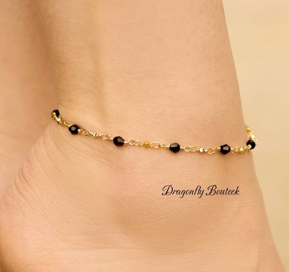 Gold Beaded Anklet: 14k Heavy Plated Gold, Black Beads - Etsy