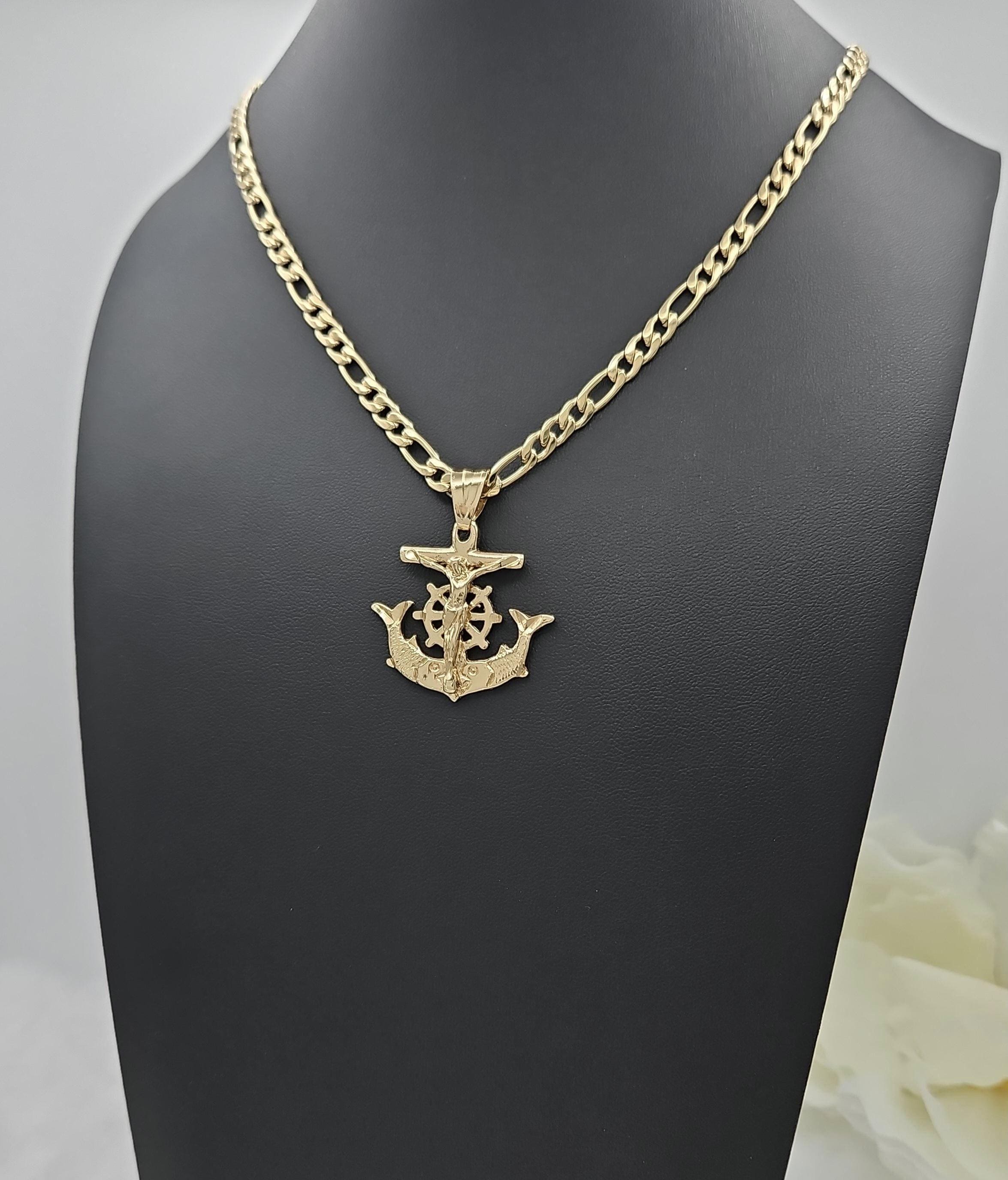 Gold Anchor Crucifix Necklace: 14k Heavy Plated, 5mm Figaro, Hope