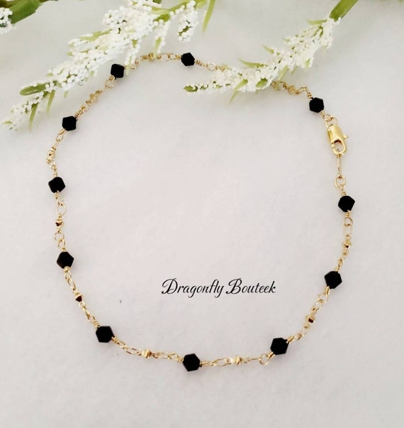 Gold Beaded Anklet: 14k Heavy Plated Gold, Black Beads - Etsy
