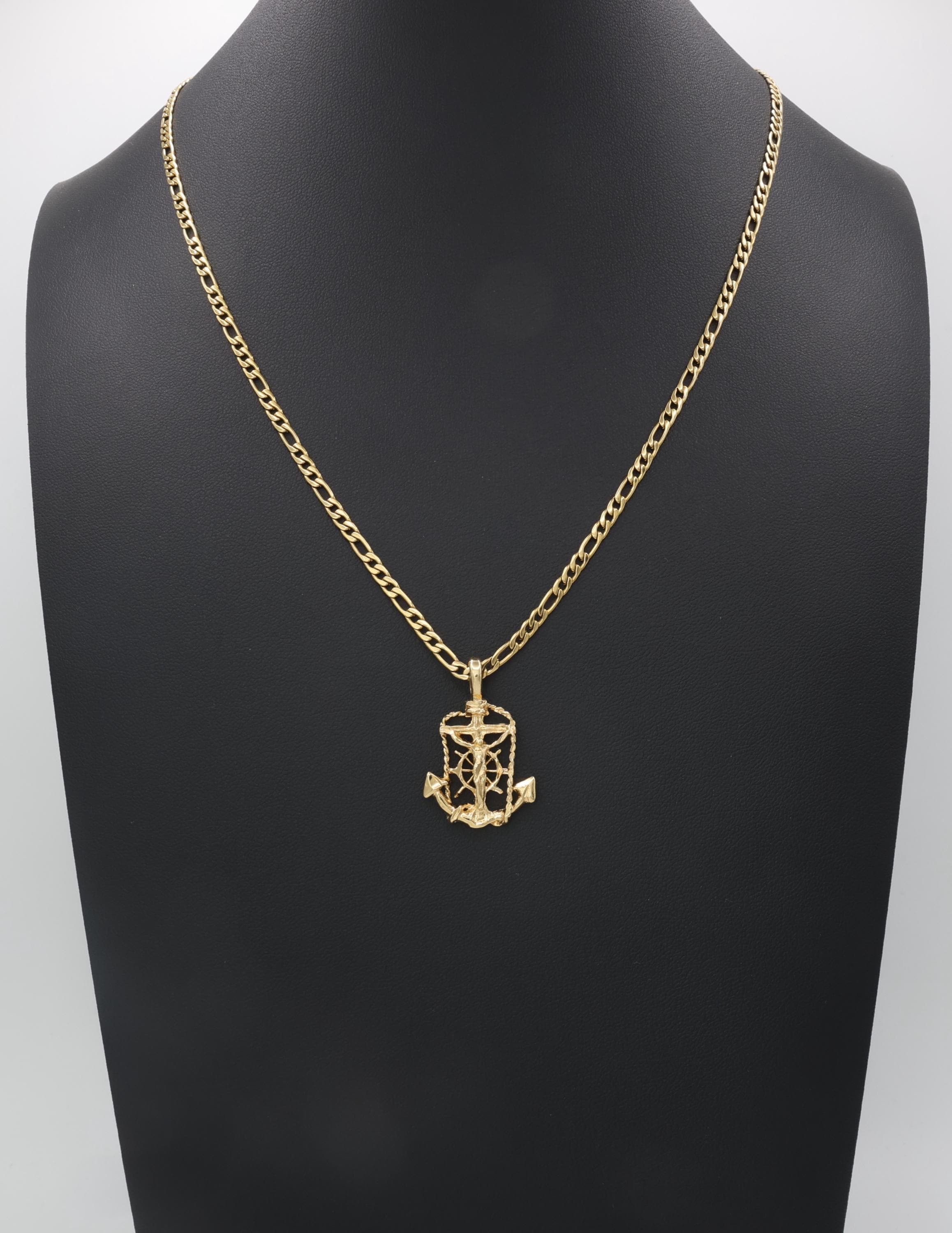 Gold Anchor Crucifix Necklace: 14k Heavy Plated Gold, 4mm Figaro