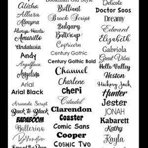 May include: A black and white image with a list of different font names. The font names are arranged in columns and include names like Acme, Bluebird, Darling, Alghi, Body & Soul, Deadhead, and more.
