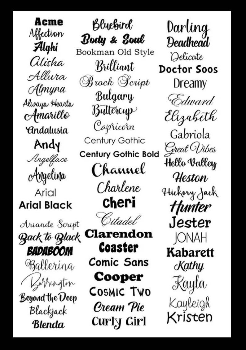 May include: A black and white image with a list of different font names. The font names are arranged in columns and include names like Acme, Bluebird, Darling, Alghi, Body & Soul, Deadhead, and more.