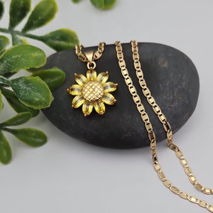 Sunflower Necklace: Yellow Cubic Zirconia Pendant, 2mm Maritime Chain, 14k Heavy Plated Gold