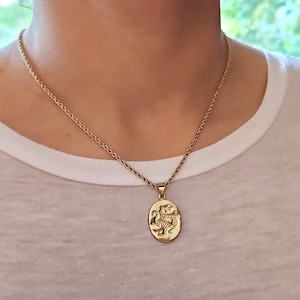 14k Gold Plated Chinese Dragon Necklace: Oval Pendant