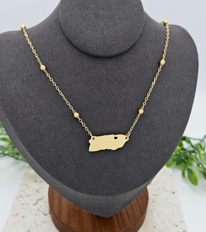 Gold Puerto Rico Island Necklace: Beaded 14k Over Stainless Steel image 1