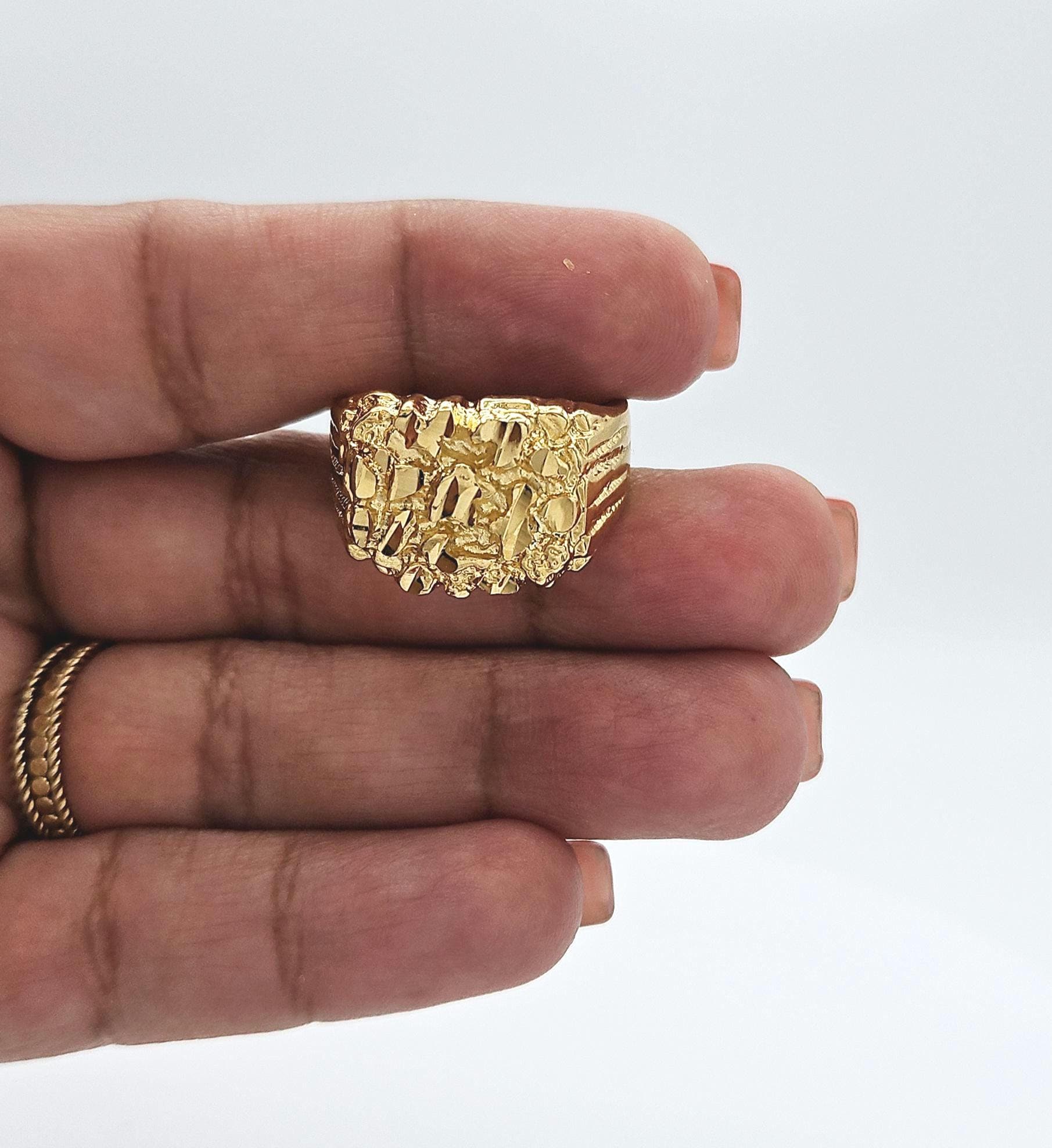 ナゲットリングGold 男性用ゴールドナゲットリング、14Kヘビーメッキゴールド、（バンド幅