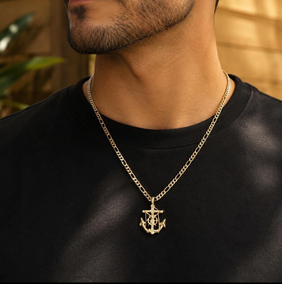 Gold Anchor Crucifix Necklace: 14k Heavy Plated Gold, 4mm Figaro