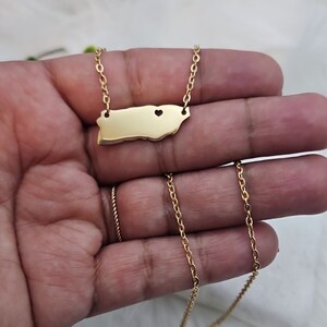 May include: A gold chain necklace with a pendant shaped like the island of Puerto Rico. The pendant has a small heart cut out of it.