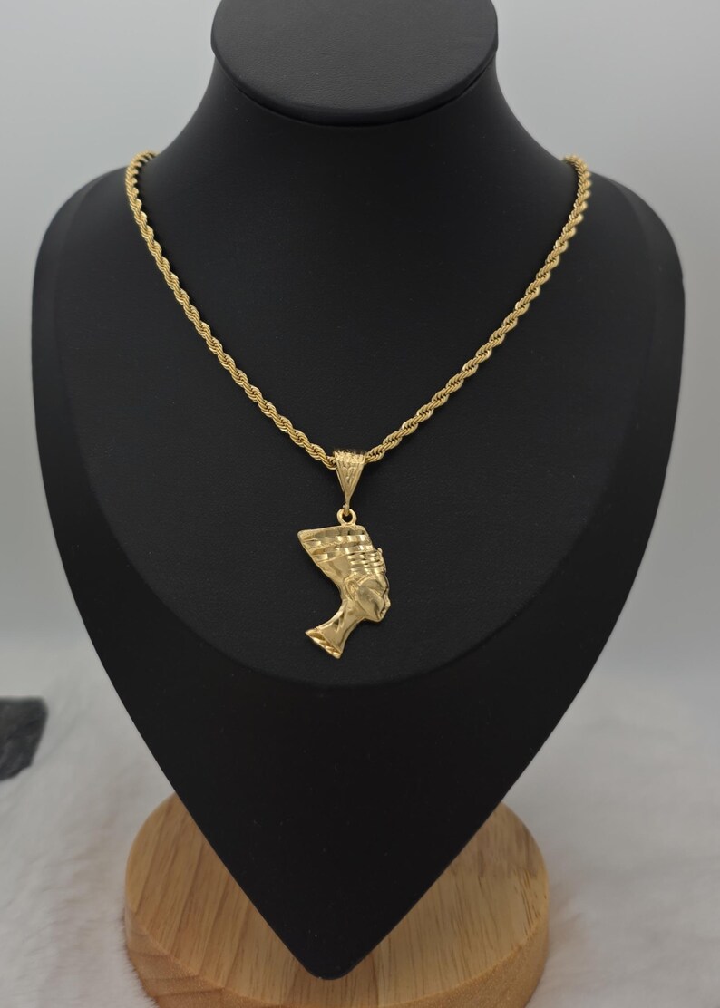 Gold Nefertiti Pendant Necklace: 14k Heavy Plated, 3mm French Rope Chain, Lifetime Replacement Guarantee image 17