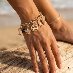Puerto Rico Charm Bracelet: 14k Gold Plated, Couqui, Palma, Sea Turtle, Sea Shell, Starfish, Chanclas