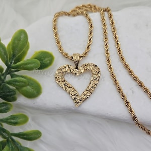 Gold Nugget Necklace, Large Nugget Heart, 3mm Rope Chain, Gold Nugget Necklace For Women, 14k Heavy Plated Gold, High Quality Necklace