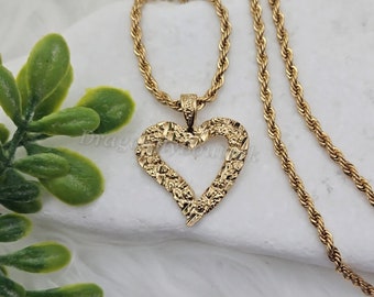 Gold Nugget Necklace, Large Nugget Heart, 3mm Rope Chain, Gold Nugget Necklace For Women, 14k Heavy Plated Gold, High Quality Necklace