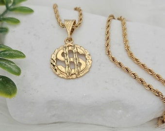 14K Yellow Gold Dollar Sign Charm Pendant with 2mm Flat Open Wheat