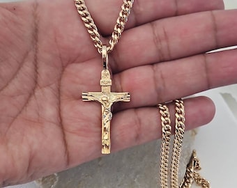 Collana Uomo Donna Con Ciondolo Crocifisso Bicolore Placcato Oro 14k E Catena Figaro 20'' - Foto 2