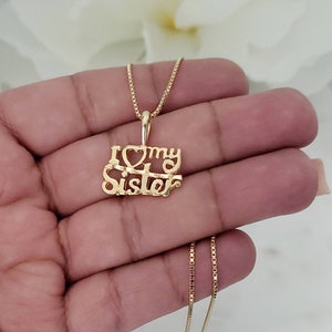Collar de hermana de oro, collar de mejor amigo, oro chapado pesado de 14 k, cadena de caja de 1 mm, colgante de 15 mm, garantía de reemplazo de por vida