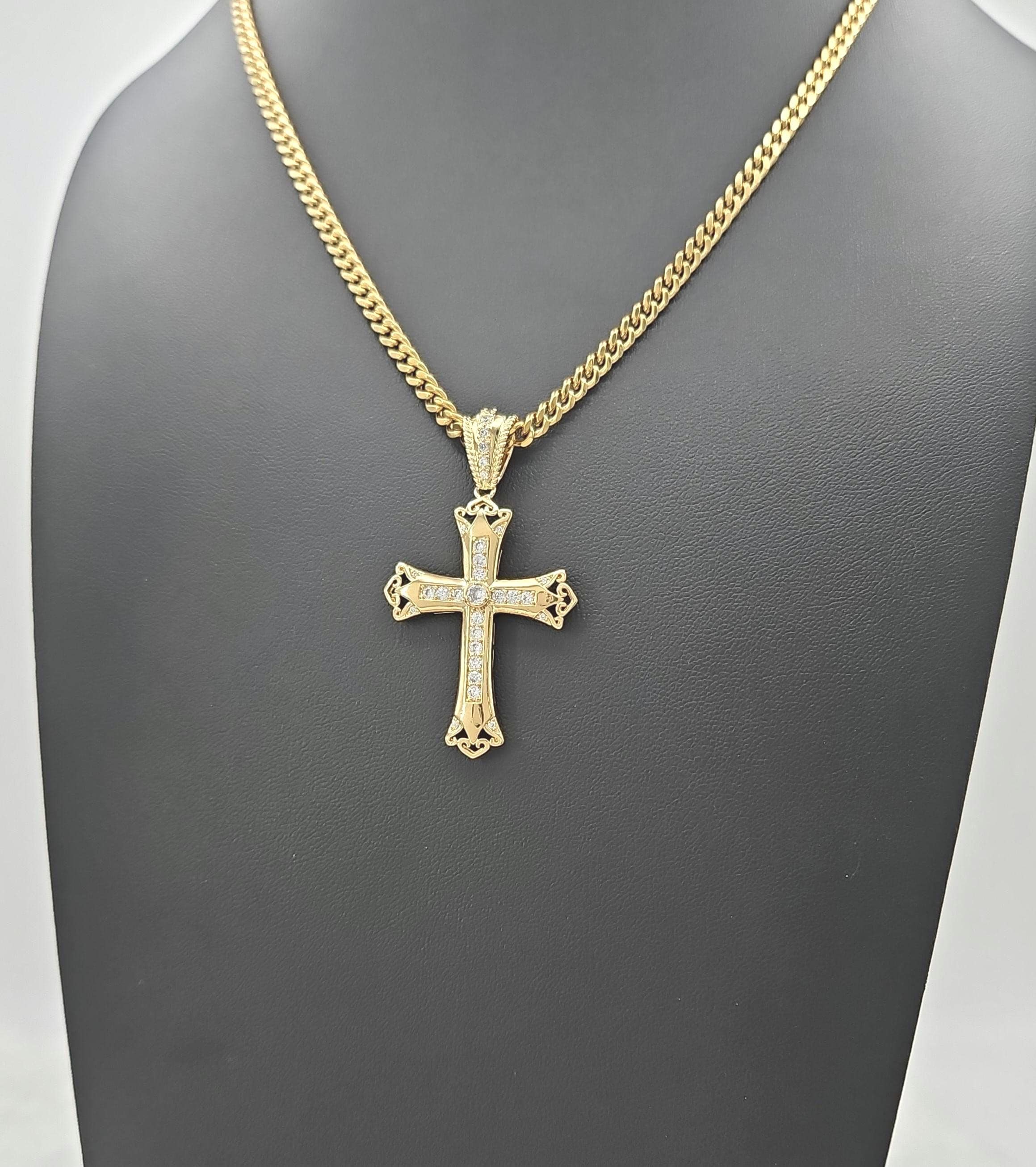 Gold CZ Cross Necklace for Men: 14k Plated, 4mm Cuban Chain