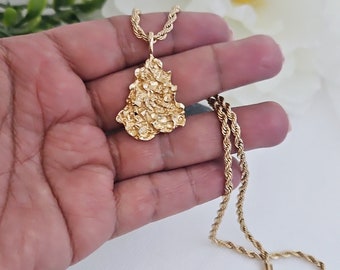 Gold Nugget Necklace, Gold Nugget Chain, 14k Heavy Plated Gold, 3mm French Rope Chain, Medium Nugget Pendant, 30mm High, 22mm in Width