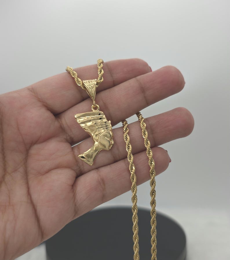 Gold Nefertiti Pendant Necklace: 14k Heavy Plated, 3mm French Rope Chain, Lifetime Replacement Guarantee image 12