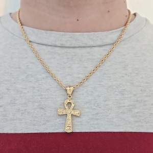 Gold Ankh Necklace for Men Large Textured Ankh Cross Pendant 4mm French Diamond Cut Chain 14k